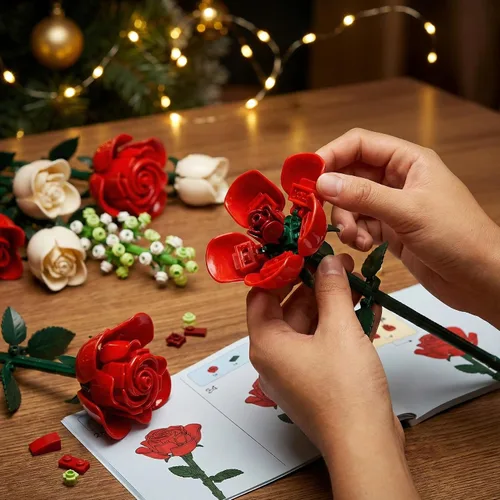 Vista 3 de WISEPLAY Juego de construcción de ramo de rosas – 697 piezas para mujeres, bloques de construcción de flores de rosas rojas y blancas, creativo