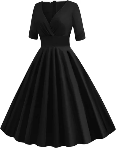 Vista 4 de Kosheko Vestido de fiesta de cóctel casual de los años 50 para mujer, vestido plisado de manga corta con cuello en V, vestido casual con vuelo