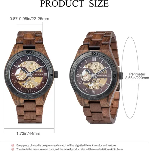 Vista 7 de BOBO BIRD Relojes de madera para hombre, reloj mecánico de esqueleto, relojes de pulsera ligeros de lujo con correa de madera natural de colección
