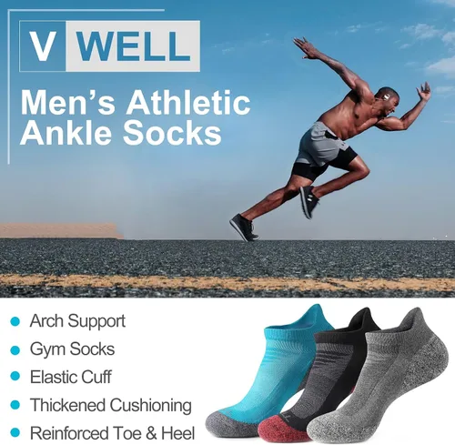 Vista 4 de VWELL Calcetines deportivos de tobillo para hombres y mujeres acolchados de corte bajo con pestaña de corte bajo 6 pares