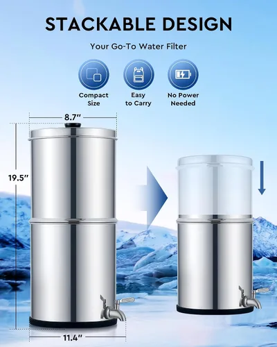 Vista 5 de CO-Z Sistema de filtro de agua alimentado por gravedad, sistema de filtración de agua de encimera de 2.25 galones, purificador de agua por gravedad
