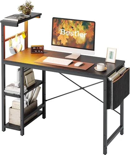 Vista 9 de Bestier - Escritorio de juegos con luces LED, escritorio para PC de 44 pulgadas para espacios pequeños, escritorio de computadora con estantes