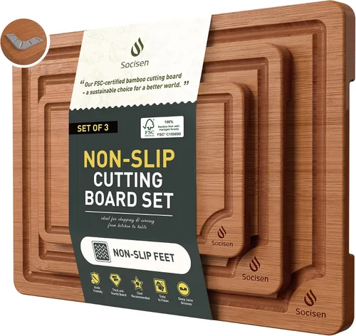 Vista 9 de Tabla de cortar de bambú extra grande con pies antideslizantes y tabla de cortar de madera para cocina con ranura de jugos para carne, verduras