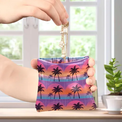 Vista 4 de Synthwave Palm Tree Sunset PU Leather Small Coin Purse Waterproof Makeup pouching Period Bag for Woman Girl