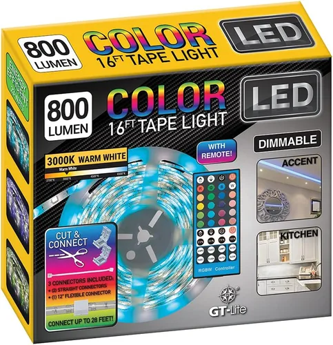 Vista 10 de GT-Lite Tira de luces LED de 800 lúmenes, cinta blanca y de color de 16 pies, cortada y conectada