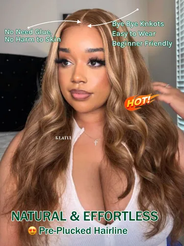 Vista 5 de KLAIYI Bye Bye Knots Peluca Sin Pegamento Ombre Highlight Rubio Body Wave Precortada 7x5 Encaje Frontal Pelucas Cabello Humano Pre Plucked Body Wave