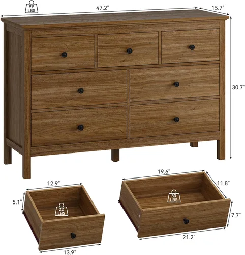 Vista 2 de Cómoda de roble para dormitorio, cómoda moderna de 7 cajones de 47 pulgadas con asas negras Cómoda de almacenamiento de madera de estilo natural