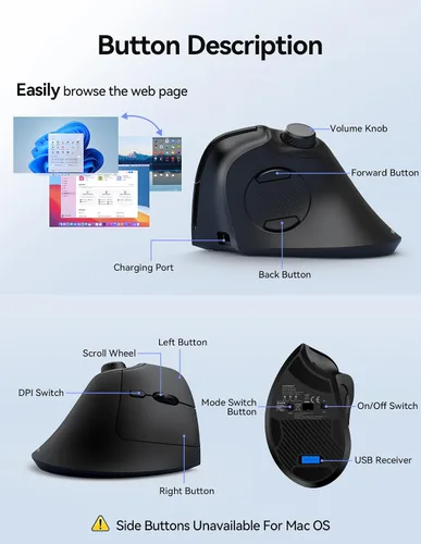 Vista 8 de TECKNET Ratón Ergonómico, Ratón Inalámbrico Recargable Bluetooth (BT 5.0/5.0+2.4G), Ratón Vertical con Botón de Volumen, Clics Silenciosos, Ratones