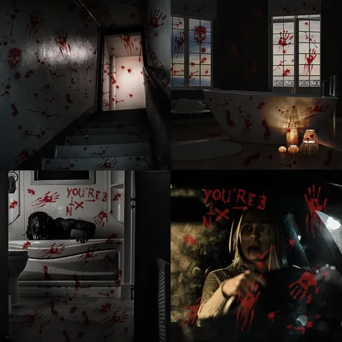 Vista 7 de Decoraciones de Halloween, 10 hojas de calcomanías de ventana de Halloween, huellas de mano sangrienta, huellas de calaveras, calcomanías
