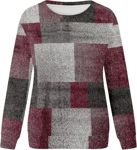 Vista 4 de Camisetas casuales para mujer, con cuello redondo, estilo casual, holgada, de manga larga, mezcla de algodón, para mujer