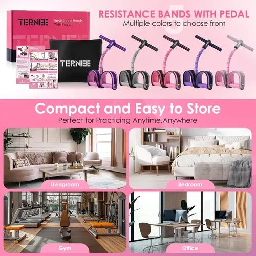 Vista 7 de Pedal Resistance Bands with Handles Working Out Exercise Equipment for Legs gris-rosa