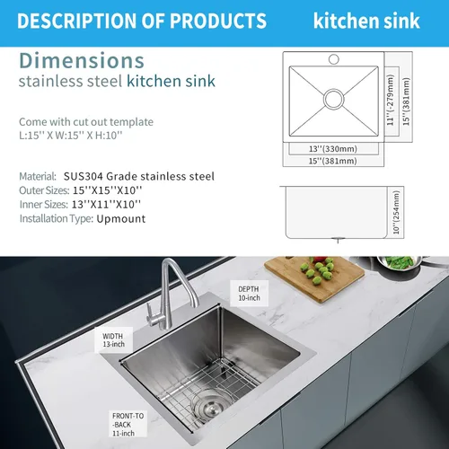 Vista 3 de YSSOA Fregadero de cocina con estación de trabajo de montaje superior, calibre 20, tazón individual con 3 accesorios
