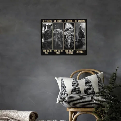 Vista 4 de Arte de pared de guerrero vikingo, cuadro de samurái vikingo, decoración de pared, citas inspiradoras "Sé fuerte", impresiones de pintura en lienzo