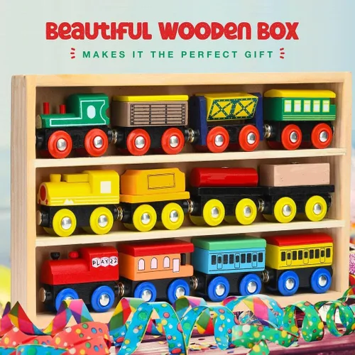 Vista 6 de Juego de Tren de Madera de 12 Piezas - Juego Magnético de Juguetes de Tren Incluye 3 Motores - Juegos de Tren de Juguete para Niños Pequeños y Niñas
