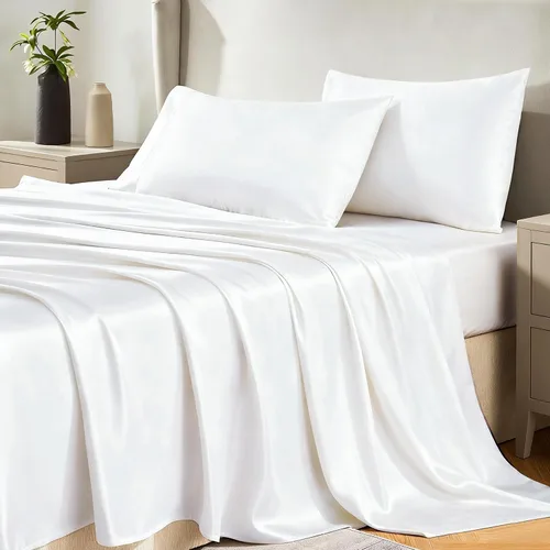 Vista 35 de Juego de sábanas de satén CozyLux de microfibra sedosa con bolsillo profundo, sábana bajera plana y fundas de almohada, suave y suave