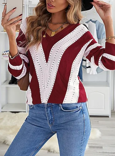 Vista 3 de Dokotoo Suéter de punto para mujer, diseño de rayas, cuello en V, con bloques de color, ajuste holgado
