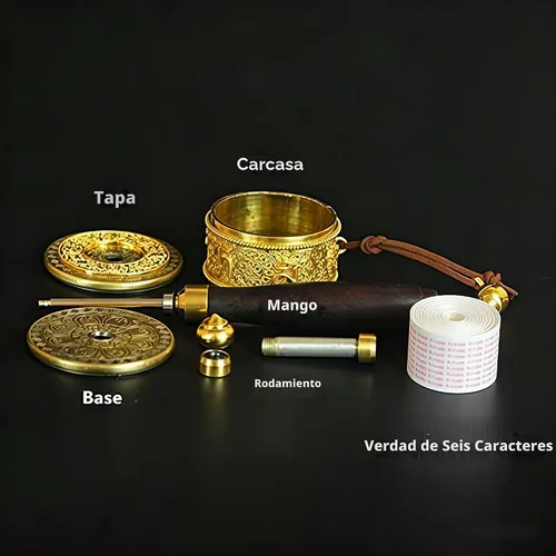 Vista 4 de Rueda de oración de mano de cobre con budista tibetano de seis caracteres de verdad de Buda de primera calidad, rueda de oración de mango de madera