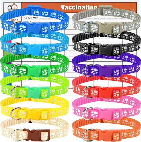 Vista 12 de GAMUDA 12 collares reflectantes para identificación de cachorros, juego de nailon suave, bandas de arena con hebilla ajustable con 2 gráficos