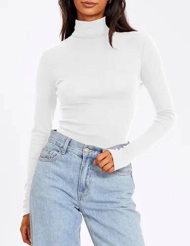 Vista 2 de Trendy Queen Camisas de manga larga con cuello alto para mujer, moda de otoño 2022, capas básicas, ajustadas, suaves, ropa interior térmica