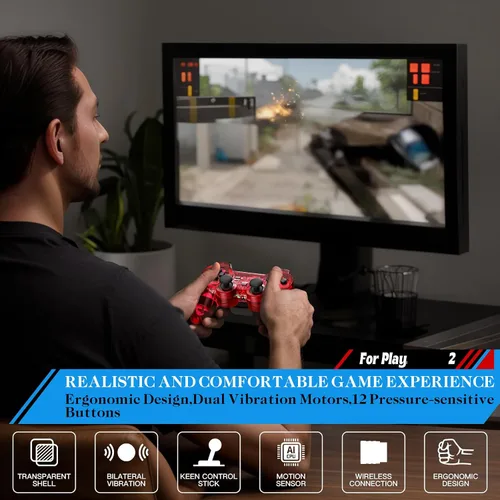 Vista 2 de Degulan Wireless Controller Compatible with PS-2 Console, Remote Gamepad for Play 2 (ClearRed and ClearBlue)
