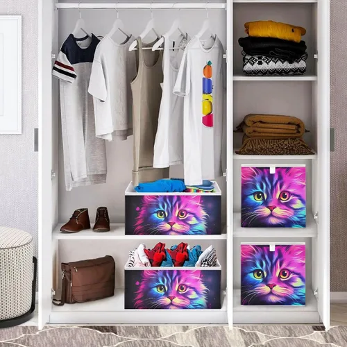 Vista 7 de Vnurnrn Cubo de almacenamiento plegable con impresión de gato morado brillante, cestas organizadoras con tablero de soporte para armario de estante