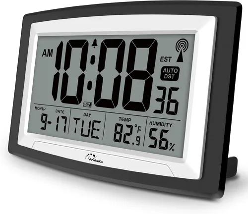 Vista 9 de WallarGe - Reloj de pared digital atómico, funciona con pilas, autoconfiguración, pantalla grande con temperatura, fecha, día de la semana, reloj