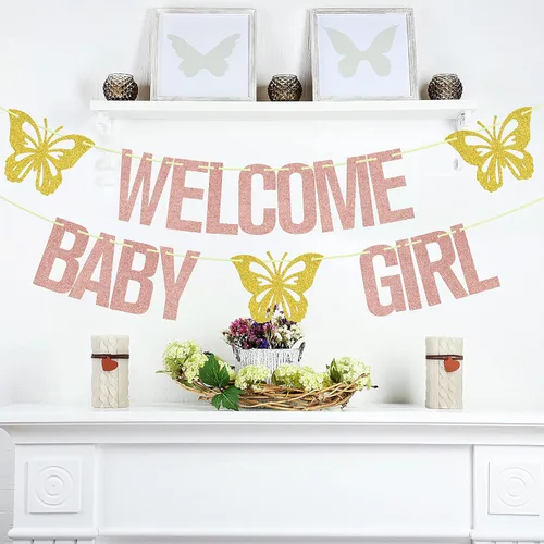 Vista 7 de Cartel de bienvenida para niña, decoración de fiesta de baby shower con temática de mariposa, letrero de "It's a Girl", suministros para fiesta
