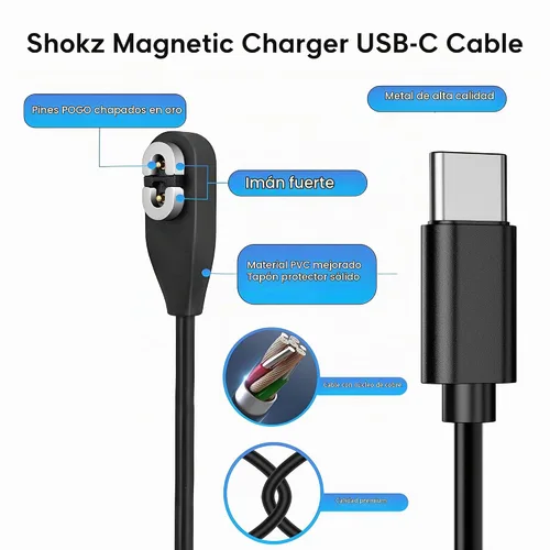 Vista 2 de Shokz - Cargador de auriculares USB C a cable de carga magnético de 3.3
