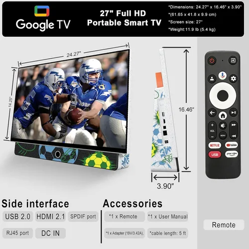 Vista 4 de Smart TV portátil de 27 pulgadas con batería incorporada, TV al aire libre FHD de 1080P para casas rodantes y campamentos, HDR10, Dolby Audio, WiFi
