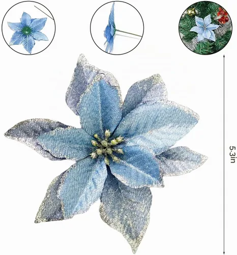Vista 2 de Flores de purpurina de adorno para el árbol de Navidad, paquete de 12 Azul