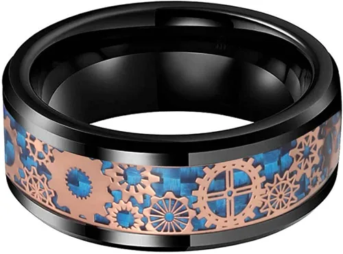 Vista 2 de Wow Jewelers - Anillo de tungsteno de 6 mm y 8 mm color negro, plateado, rojo y azul para hombres y mujeres, anillos de matrimonio estilo Steampunk