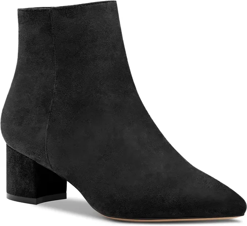 Vista 3 de Aachcol Botas de tobillo de tacón medio alto para mujer, botines cortos con puntera puntiaguda, gamuza de 2 pulgadas