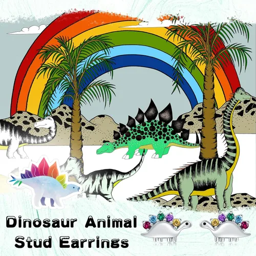 Vista 3 de Aretes de dinosaurio arcoíris para mujer, plata de ley 925, circonita cúbica, aretes de dinosaurio, hipoalergénicos, pequeños, joyería