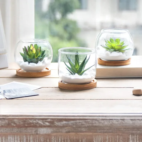 Vista 2 de Mkono - Suculenta Artificial en Maceta de Vidrio Transparente, 3 Mini Plantas Falsas en Maceta para Mujeres, Decoración de Oficina, Pequeña Planta