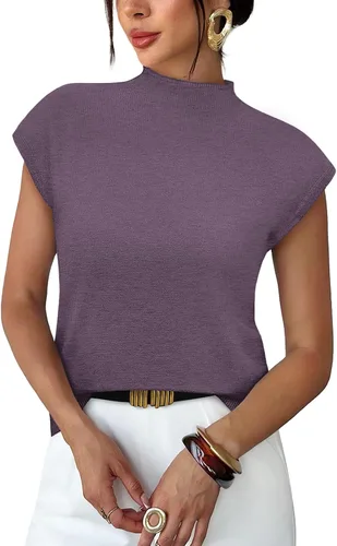 Vista 13 de Sampeel Suéter de manga corta para mujer, cuello alto, para verano, elegante, informal, básico, de punto