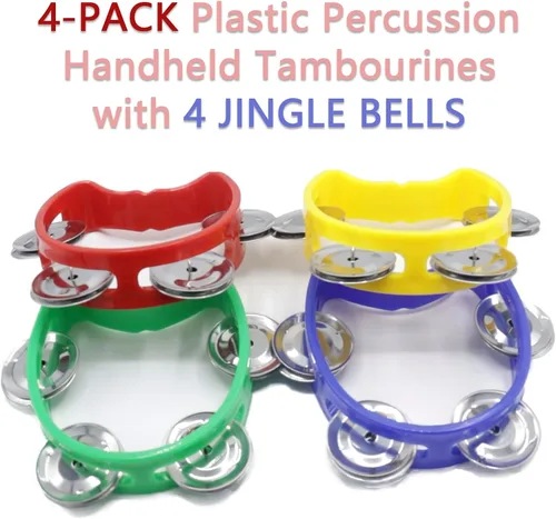 Vista 2 de Paquete de 4 panderetas de mano de percusión de plástico con 4 cascabeles, mini instrumentos de ritmo en 4 colores para práctica, ensayo