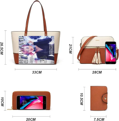 Vista 4 de Juego de 4 bolsas de cuero sintético para mujer, bolsa de hombro, asa superior, cartera