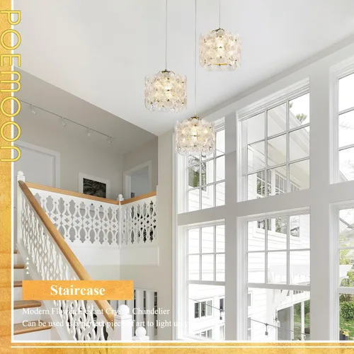 Vista 8 de Lámpara colgante de cristal de flor transparente con 3 luces de oro Dorado