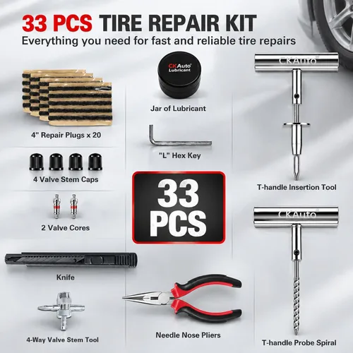 Vista 2 de CKAuto Kit de reparación universal de neumáticos de 34 piezas con tapones