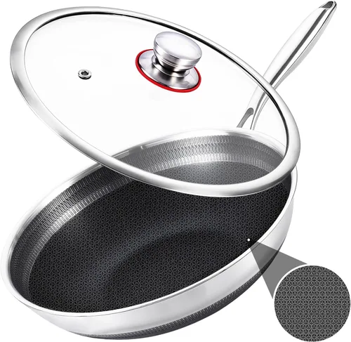 Vista 11 de LOLYKITCH Wok Pan de acero inoxidable de tres capas de 11 pulgadas con tapa