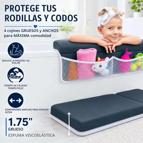 Vista 4 de Cómodo juego de rodilleras y coderas de baño para bebé, almohadilla antideslizante para bañarse, tapete acolchado para bañera, coderas, bolsillos