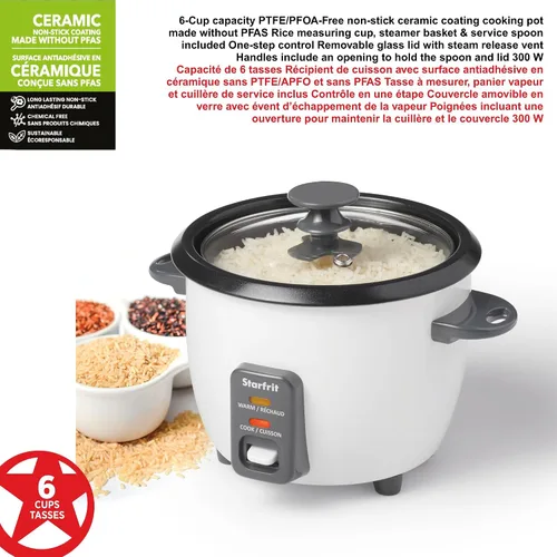 Vista 4 de Starfrit - Arrocera eléctrica, 6 tazas, 300 W, color blanco Cesta de vapor, taza medidora, cuchara de servicio, hace arroz perfecto
