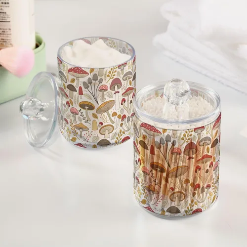 Vista 5 de Paquete de 2 tarros de boticario para baño, coloridos setas, dispensador de plástico transparente con tapa para bolas de algodón, hisopo de algodón