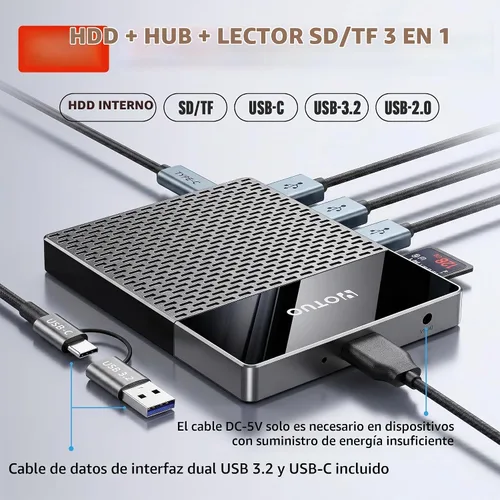 Vista 2 de YOTUO Disco Duro Externo de 1TB, Hub Multipuerto USB C HDD 7 en 1, USB 3.0, Lector de Tarjetas SD/TF, Estación de Acoplamiento, Disco Duro