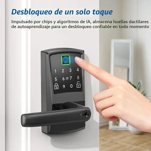 Vista 3 de Cerradura inteligente con teclado para puerta con mango, cerradura digital sin llave con huella dactilar para puerta delantera, perilla de código