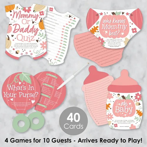 Vista 2 de Big Dot of Happiness Girl Little Pumpkin - 4 juegos de baby shower de otoño - 10 cartas cada uno - Quién sabe mejor a mami, cuestionario de mamá