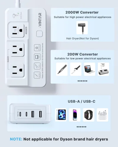 Vista 4 de VINTAR 2000W 220V a 110V Convertidor de voltaje para secadores de pelo/rizadores 7 in 1 Universal Travel Adapter, 4 USB Ports(2 USB C), Step Down