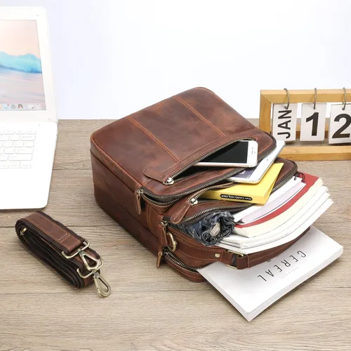 Vista 6 de Jack&Chris Bolso de hombro de cuero para hombre, bolsas cruzadas pequeñas para el trabajo, bolso de mano para hombre, Marrón