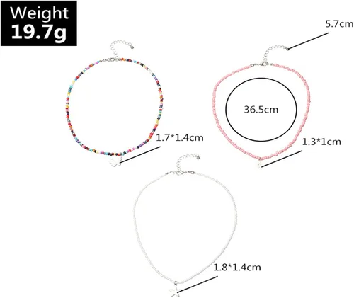 Vista 2 de Gargantilla hecha a mano de múltiples capas con cuentas coloridas de arcoíris, cadena de eslabones con dije de luna, estrella, mariposa, amistad