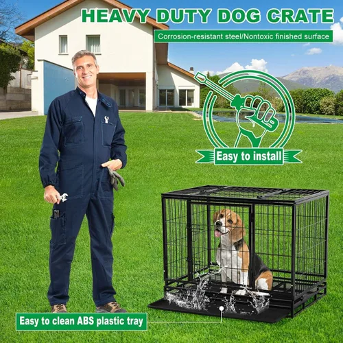 Vista 5 de Perrera para perros grande resistente con bandeja de plástico y ruedas, jaula XXL de 48 pulgadas para perros al aire libre con puertas dobles, cajas